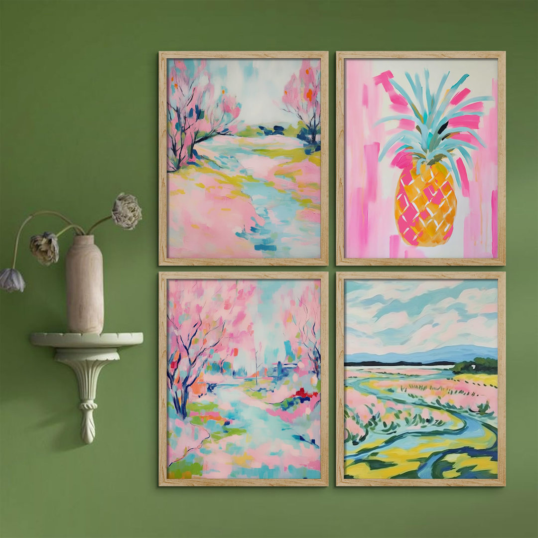 " Vibrant Landscape And Pineapple Colorful " 4 - Pieces (Set of 4) SIGNLEADER Frame