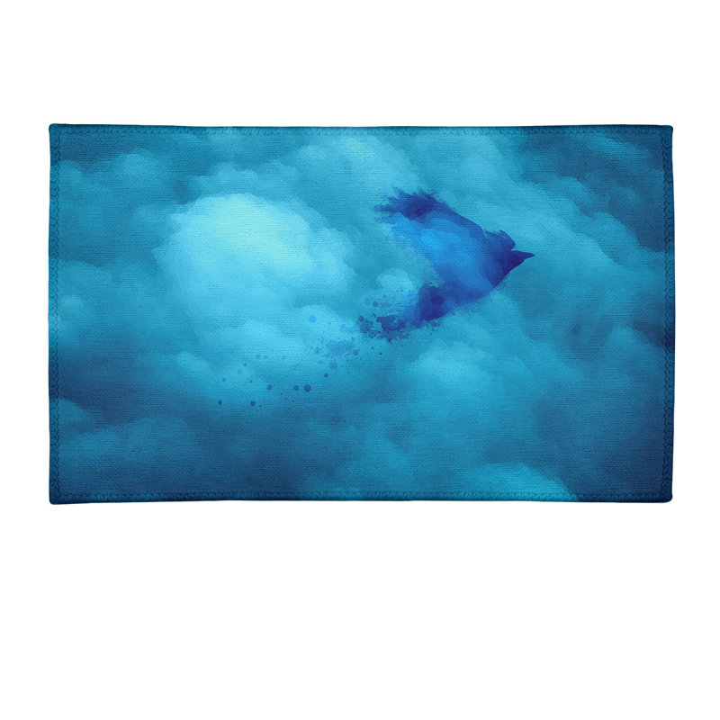 Tapis bleu et oiseau aquarelle, Rectangle 3 pi x 5 pi
