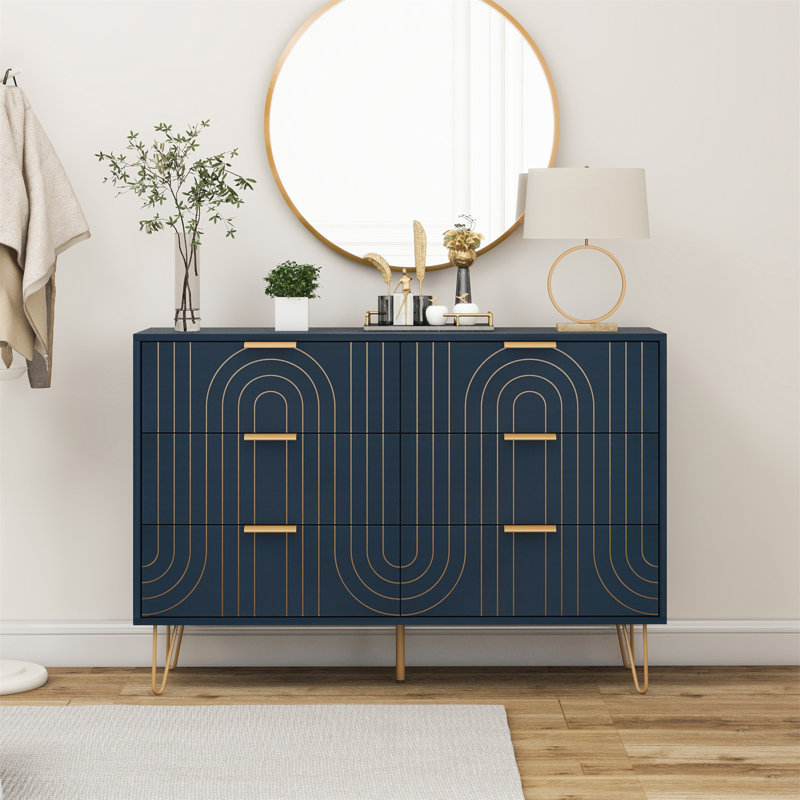 Kutchins Modern 6 Drawer Dresser, Modern Dresser with Metal Handles, Storage Chest, Dark Blue