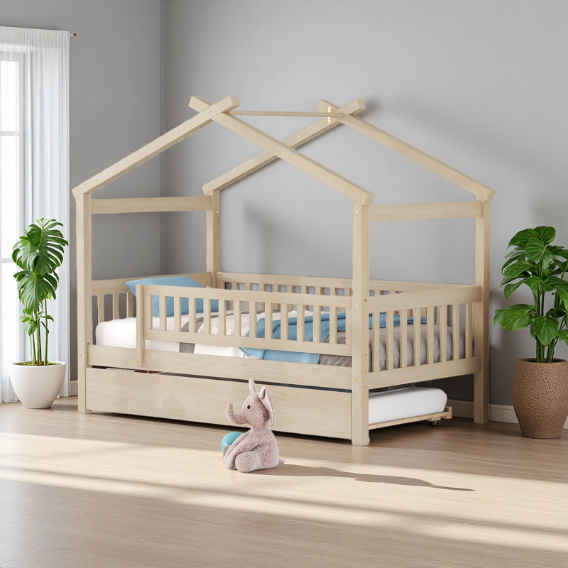 Wooden House Bed With Twin Size Trundle, Natural, Twin