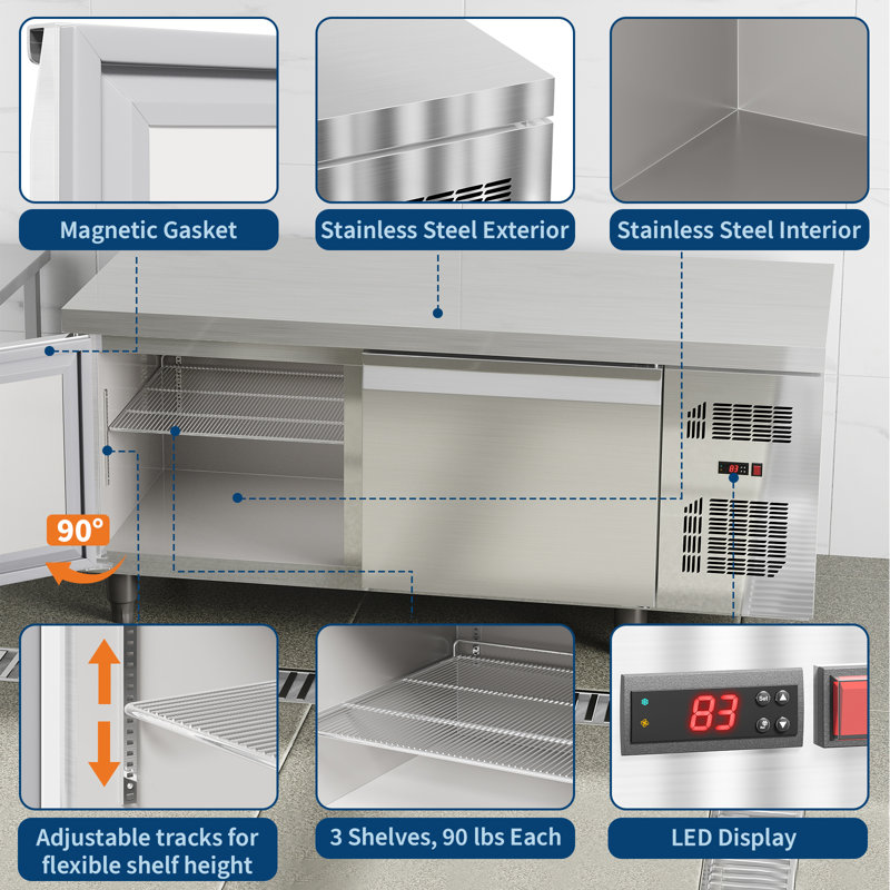 Réfrigérateur commercial de 72 pouces sous le comptoir, plan de travail en acier inoxydable de 15 pieds cubes avec ventilateur, dégivrage automatique et tablettes réglables