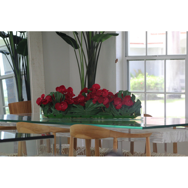 36" Casa Moderna Glass Plate Planter With Red Phalaenopsis Orchids And Monstera Leaves, Red