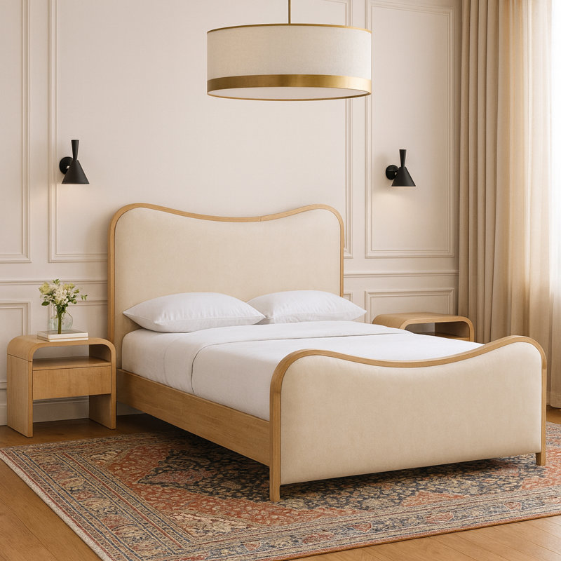 Arvada Harvill Vegan Leather Upholstered Bed, Cream Vegan Leather / Brushed Natural, King