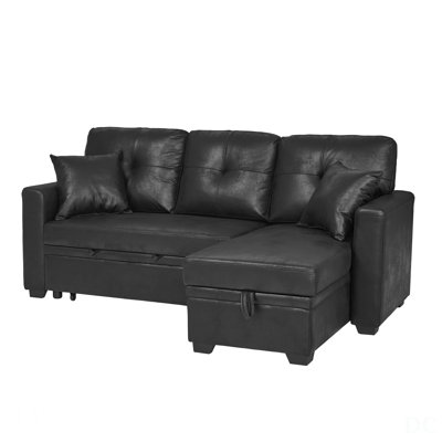 L-Shaped Convertible Sofa Bed With Pull-Out Sleeper, Reversible Chaise, And Storage For Small Spaces, Black Breathable Fabric