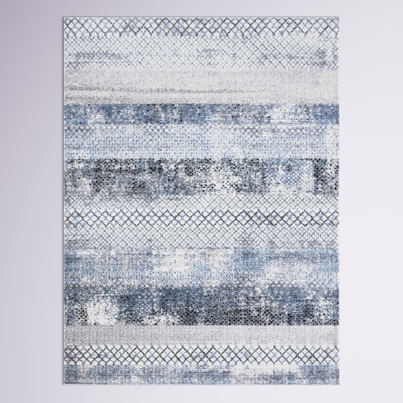 Grey and Light Blue Hand-Knotted Rectangular Synthetic Rug