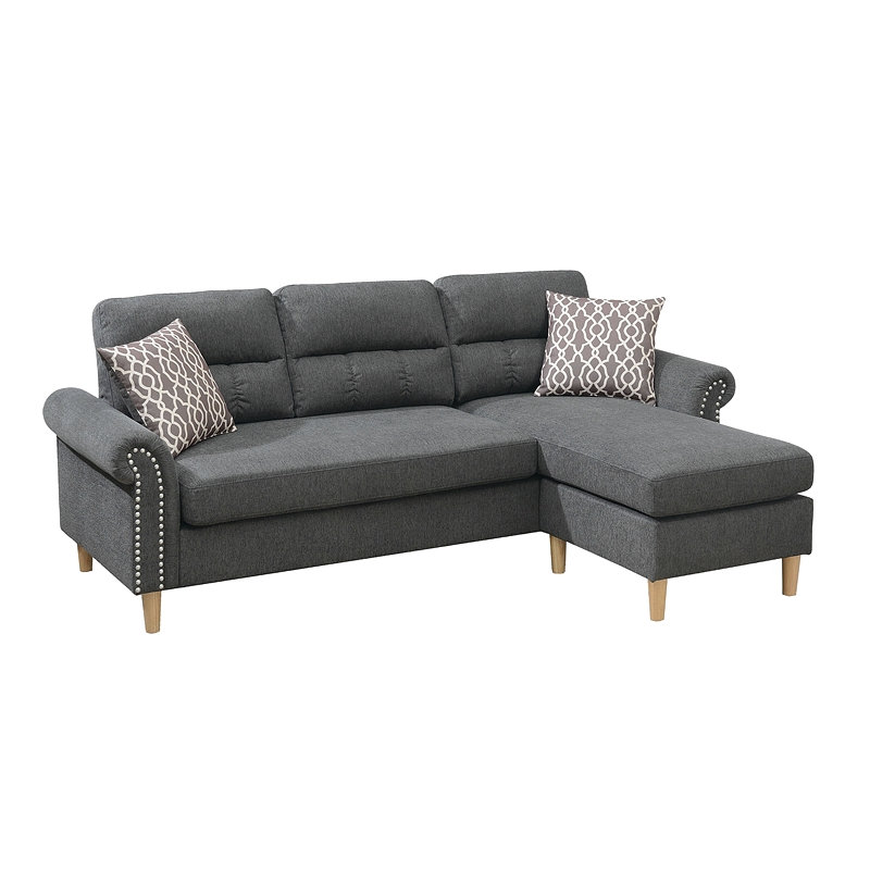 Polyfiber Reversible Sectional Sofa Set Chaise Pillows Plush Cushion Couch Nailheads, Fabric - Gray Mix