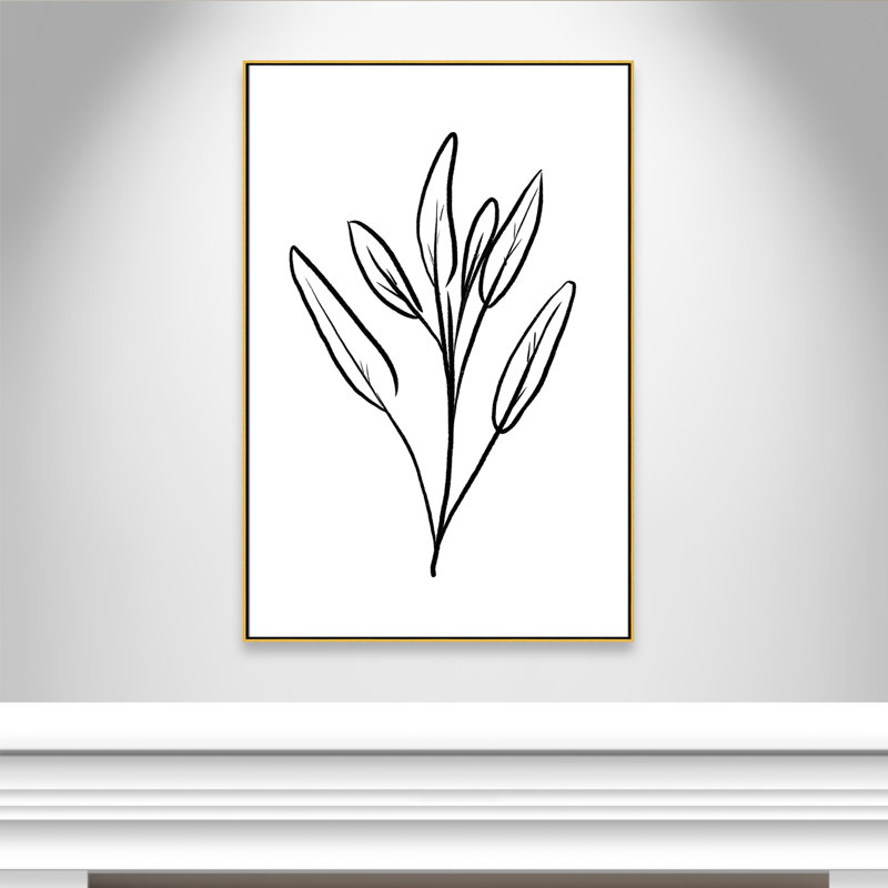 Fleurs simples 2 - reproduction de dessin, Toile encadrée d'or, H 61,5 po x l 41,5 po x P 2 po