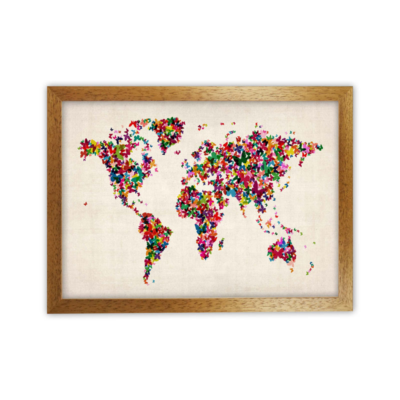 Butterfly Map Of The World by Michael Tompsett - Print, Brown Framed, 34cm H x 46cm W x 3cm D