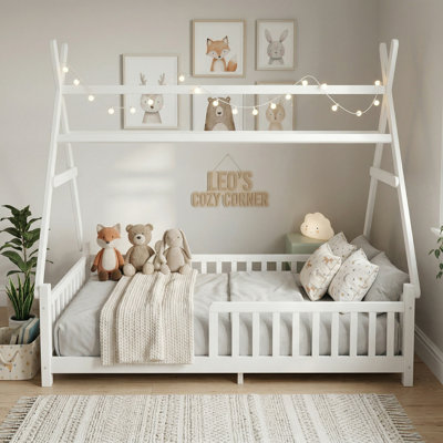 Lit pour enfant avec toit, lit plateforme pour lit bas Montessori avec garde-corps et crochets décoratifs, cadre de lit simple convertible en bois