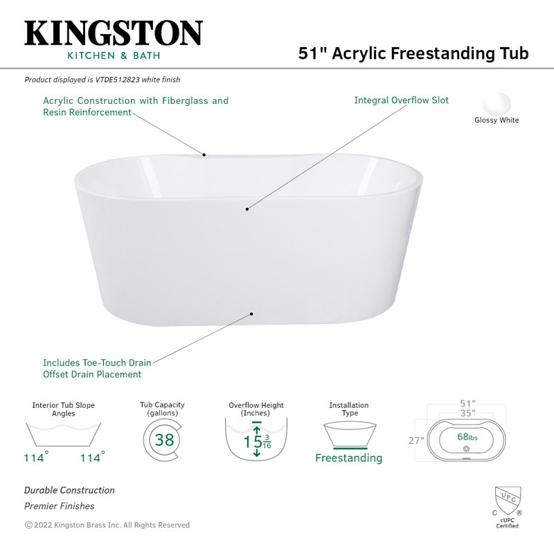 Baignoire autoportante ovale en acrylique à double face 51 "avec drain Kingston Eden