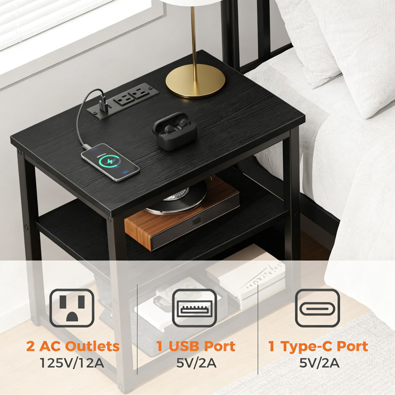 Table de chevet avec station de charge, tiroir en tissu réglable et rangement à 3 niveaux - Table de chevet compacte avec prises USB, Type-C et CA pour la chambre à coucher