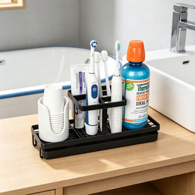 Bathroom Toothbrush Holder With 5 Slots And Storage Compartment, Carbon Steel Electric Toothbrush And Toothpaste Organizer For Countertop, Sink, And Shower