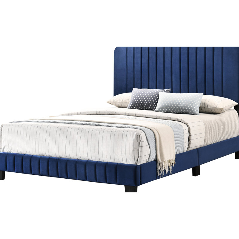 Lit double bleu marine - H 48 po, design contemporain, style chambre à coucher, velours, mousse, matériaux d'assemblage requis, chic