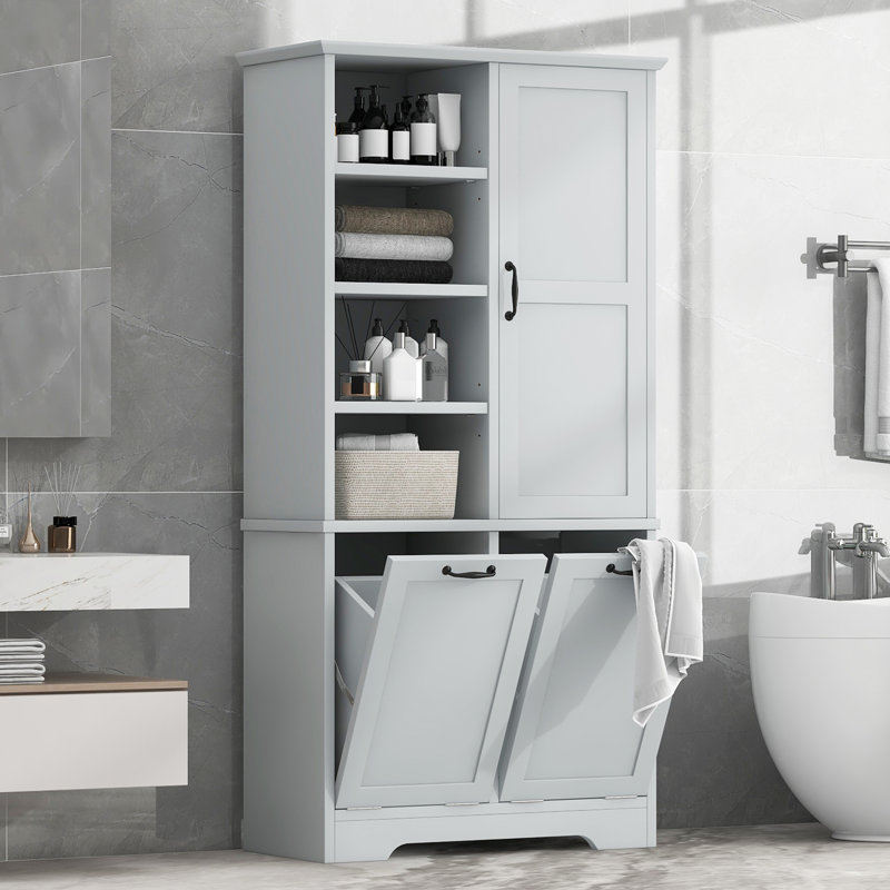 Armoire de rangement de salle de bain avec portes, tiroirs et panier inclinable - Style autoportant gris, Gris
