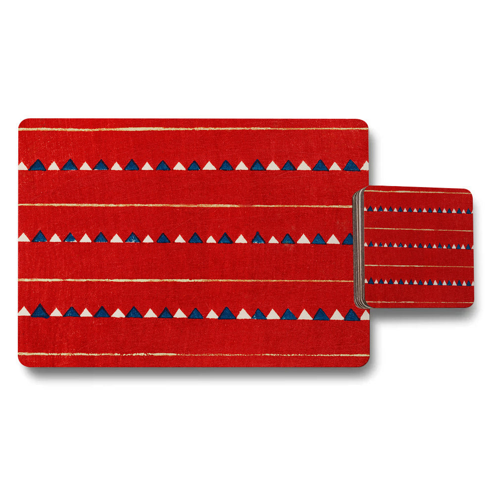 Red Geometric Placemat And Coaster Set With Triangle Pattern