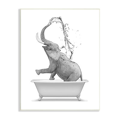Monochrome Elephant Bathing Splashing Water Bathtub  Oversized Wall Plaque Art by Annalisa Latella