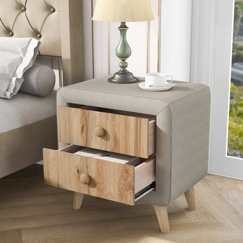 Table de bout à 2 tiroirs avec rangement Isioma, Gris clair / bois