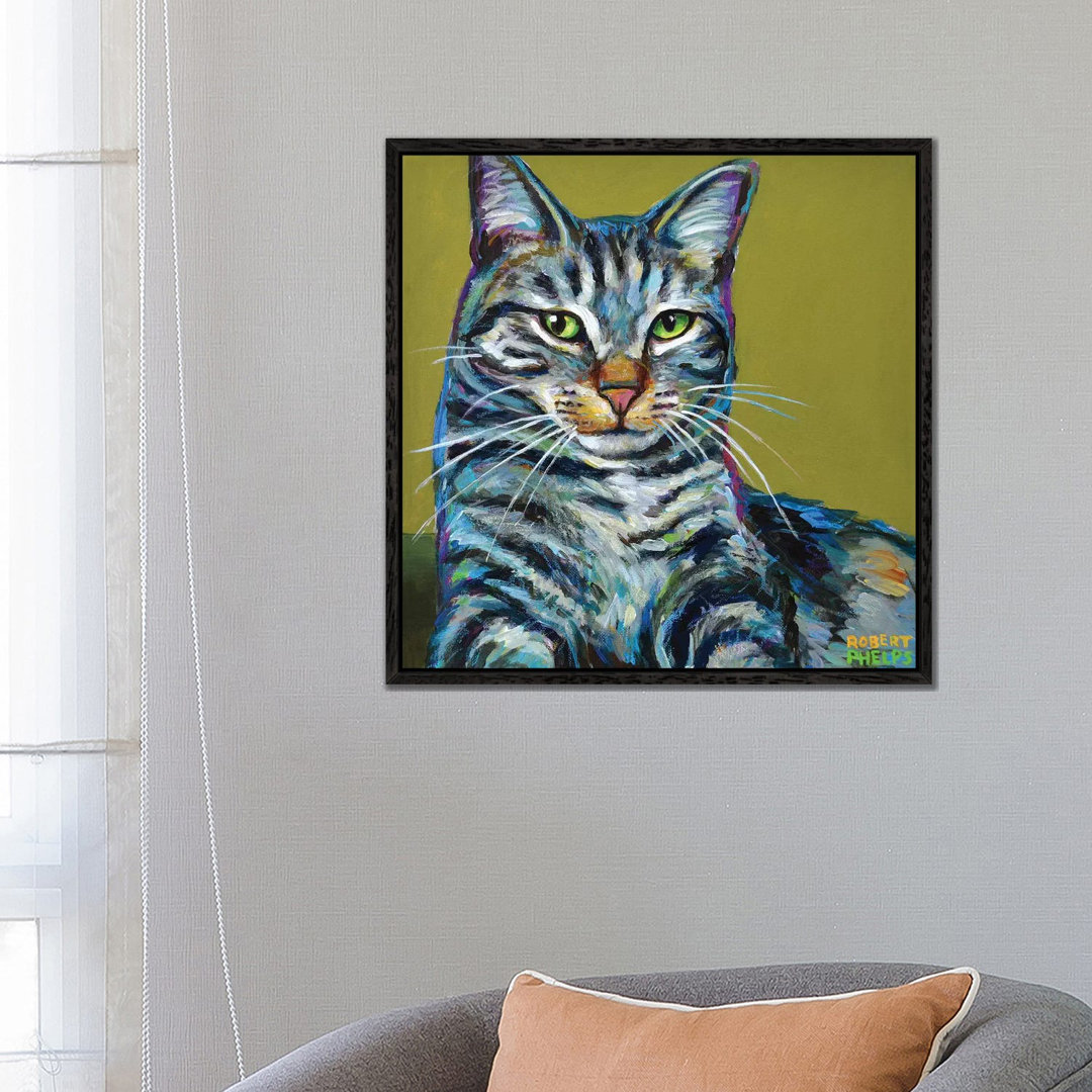 Gestreifte Tabby auf Grün von Robert Phelps - Galerie-verpackte Leinwand Giclée auf Leinwand