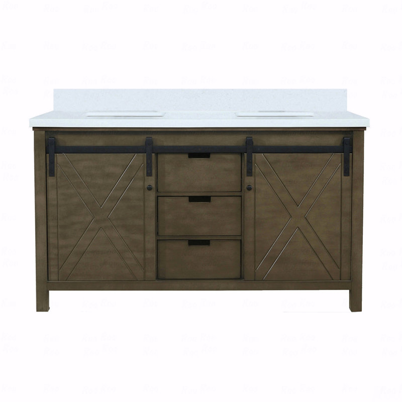 Meuble-lavabo double 60 po x 22 po, Quartz blanc, Brun