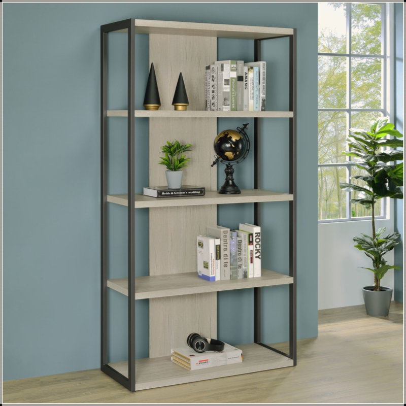 Grande bibliothèque ouverte à 4 tablettes de style rustique-moderne, au design rectangulaire minimaliste et élégant, offrant amplement d'espace de rangement pour les livres et la décoration, créant une atmosphère invitante lumineuse