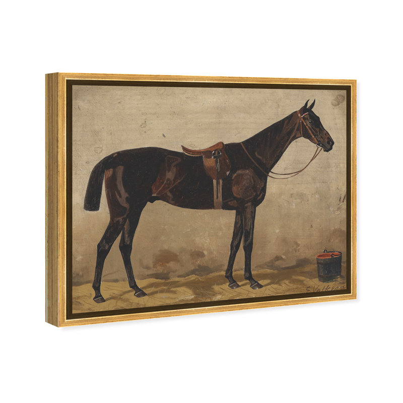 Brauner Im Stall Farm Animals by Emil Volkers - on Canvas, Gold Framed Canvas, 30" H x 36" W