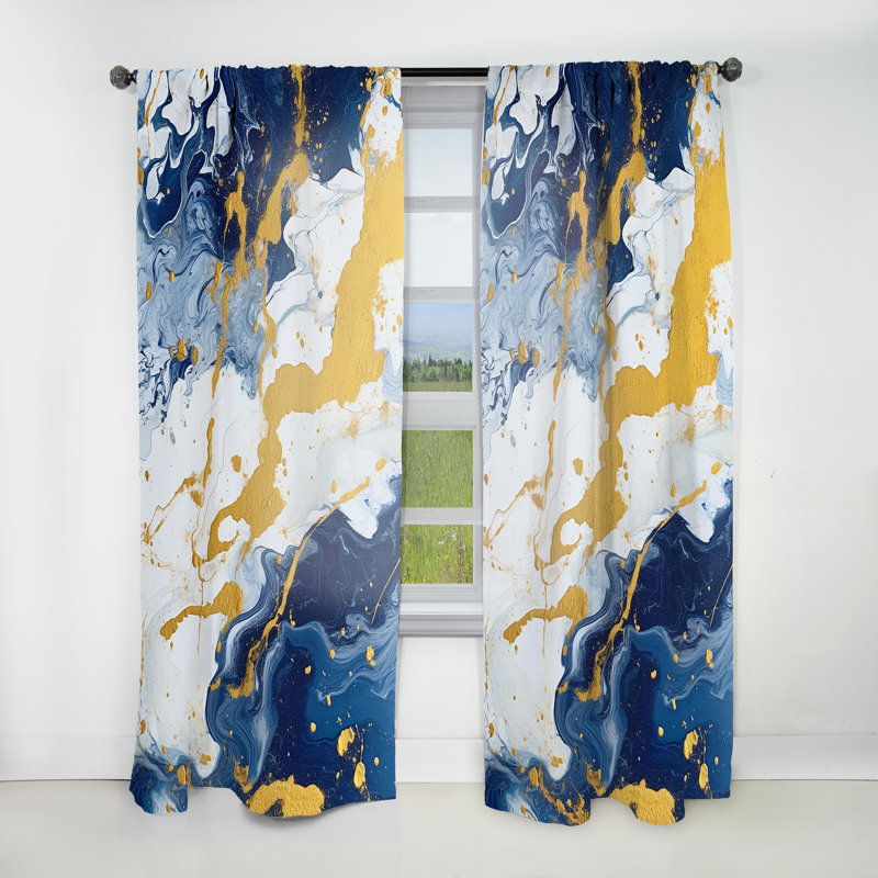 Bleu et or luxueux abstrait fluide Art 11 - Rideau moderne - Velours obscurcissant - 1 panneau, L 52 po x L 90 po