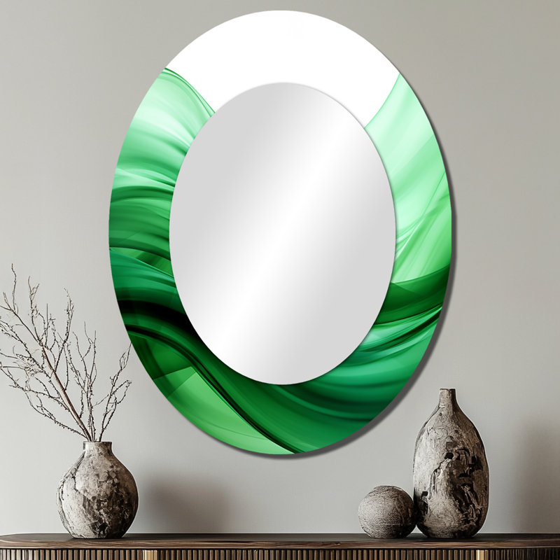 Vert et blanc vagues fractales III - miroir décoratif ovale abstrait sur métal, 40 po x 30 po