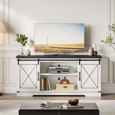 Meuble télé 59 po rustique noir et blanc pour téléviseur de 65 po ou moins avec portes de grange coulissantes, étagères réglables et armoire de rangement fermée