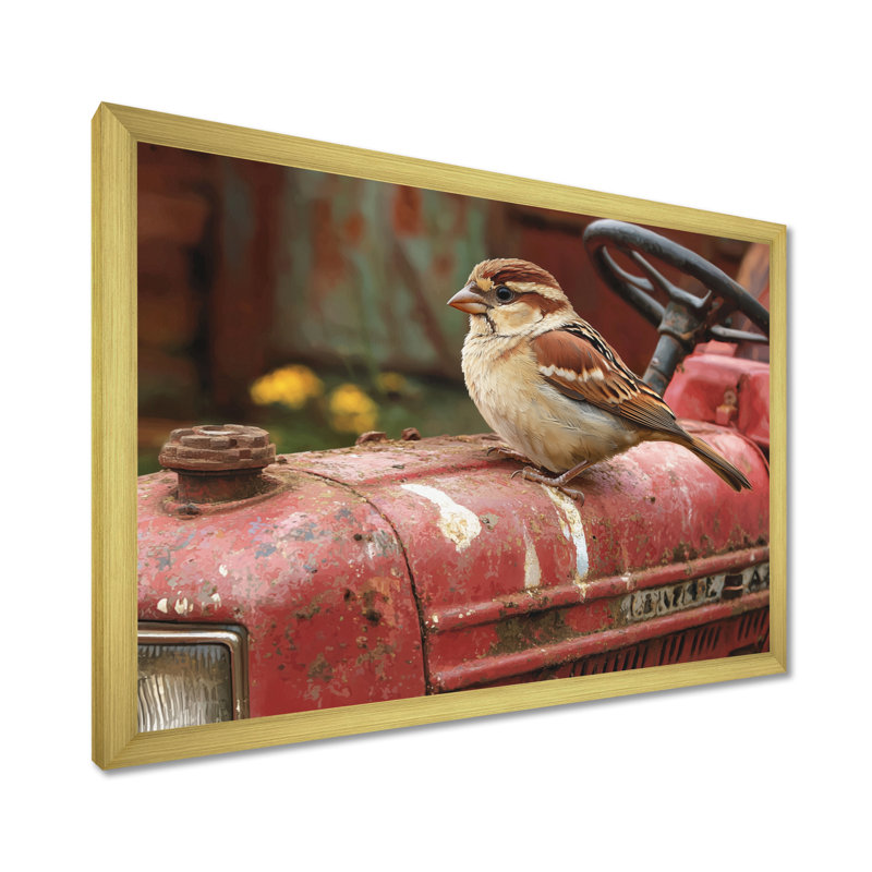 Oiseau moineau sur le tracteur II - oiseau, art mural, H 34 po x l 44 po, Cadre flottant, Doré