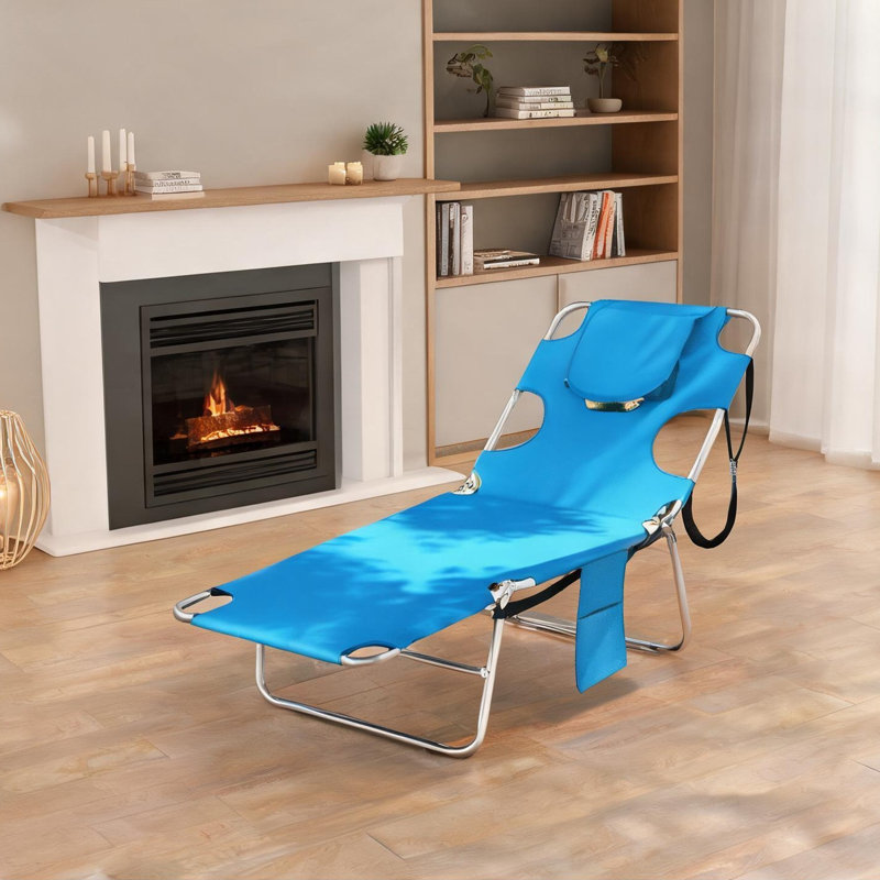 Chaise longue inclinable en acier avec dossier à cinq positions et sangle de transport pliable, 72,8 po