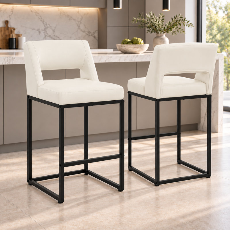 Counter Stool with Steel Frame, Beige-Leather