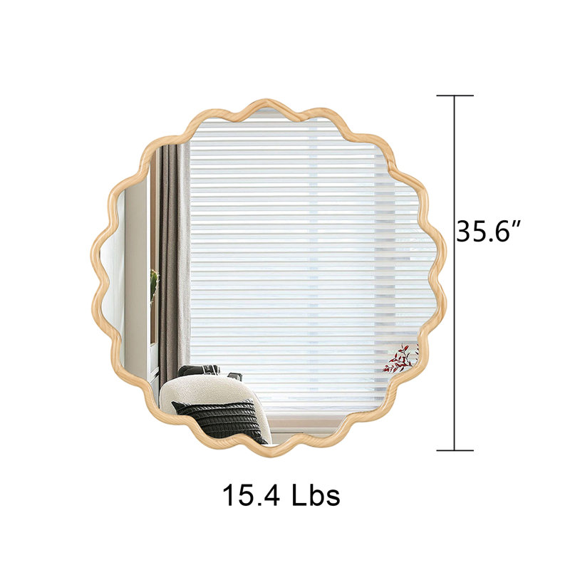 Natural Wood Round Wall Mirror with Wavy Frame, 36 Inch