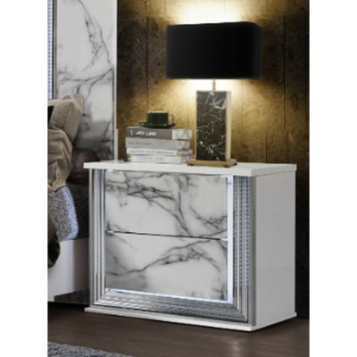 Table de chevet en marbre blanc lune avec DEL, design contemporain et intrigant, ornements riches, haute brillance, bois massif +, profondeur de 27,84 po, largeur de 16,78 po, hauteur de 24,14 po, DEL de 61,59 lb, accents modernes élégants,