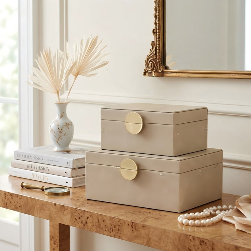 Decorative Storage Box Set, Faux Leather Jewellery and Keepsake Boxes with Velvet Lining and Gold Hardware (Set of 2)