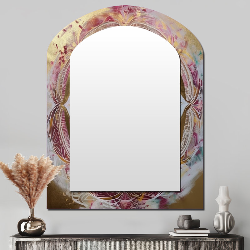 Rose doré Mandala II - grand miroir Boho Mandala arche, décor de miroir mural asymétrique traditionnel, art en métal imprimé