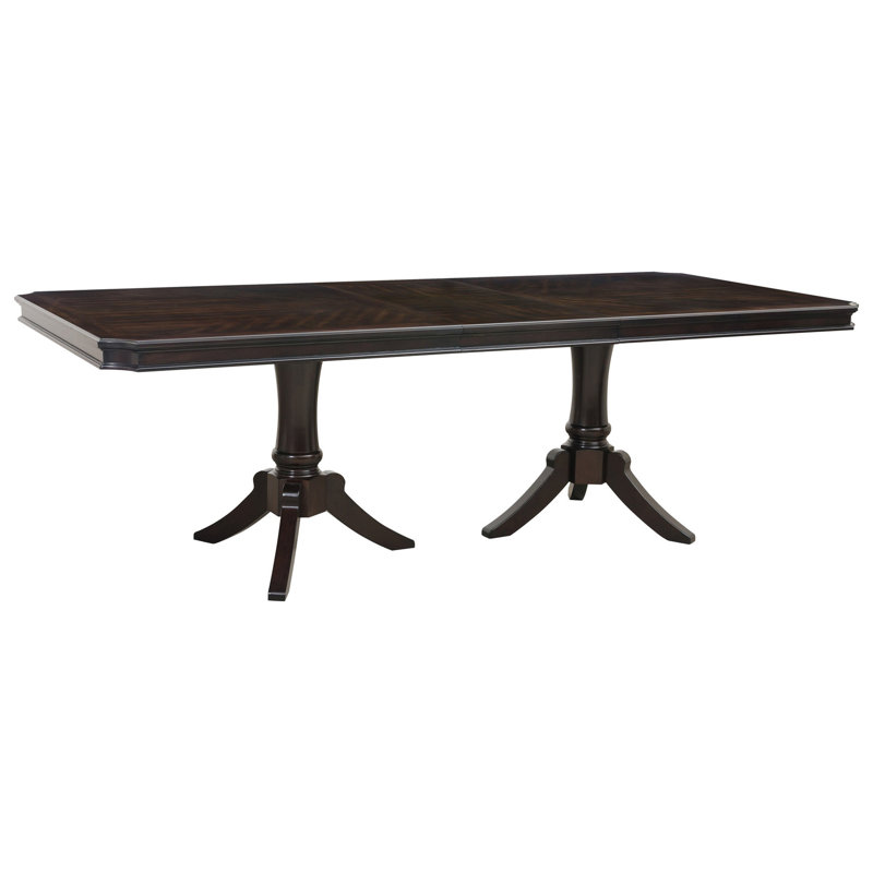 Table de salle à manger à rallonge en bois de cerisier foncé rectangulaire de 96 pouces avec base à double piédestal pour 8 sièges