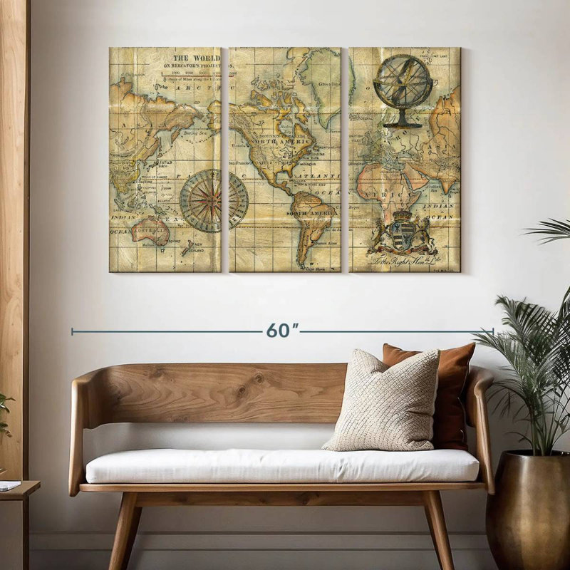 Carte du monde antique brun Aliaz, H 32 po x l 50 po