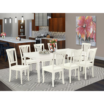 Ensemble de table de salle à manger 9 pièces moderne comprenant une table rectangulaire en bois avec rallonge papillon et 8 chaises de cuisine, 42 x 78 po, lin blanc