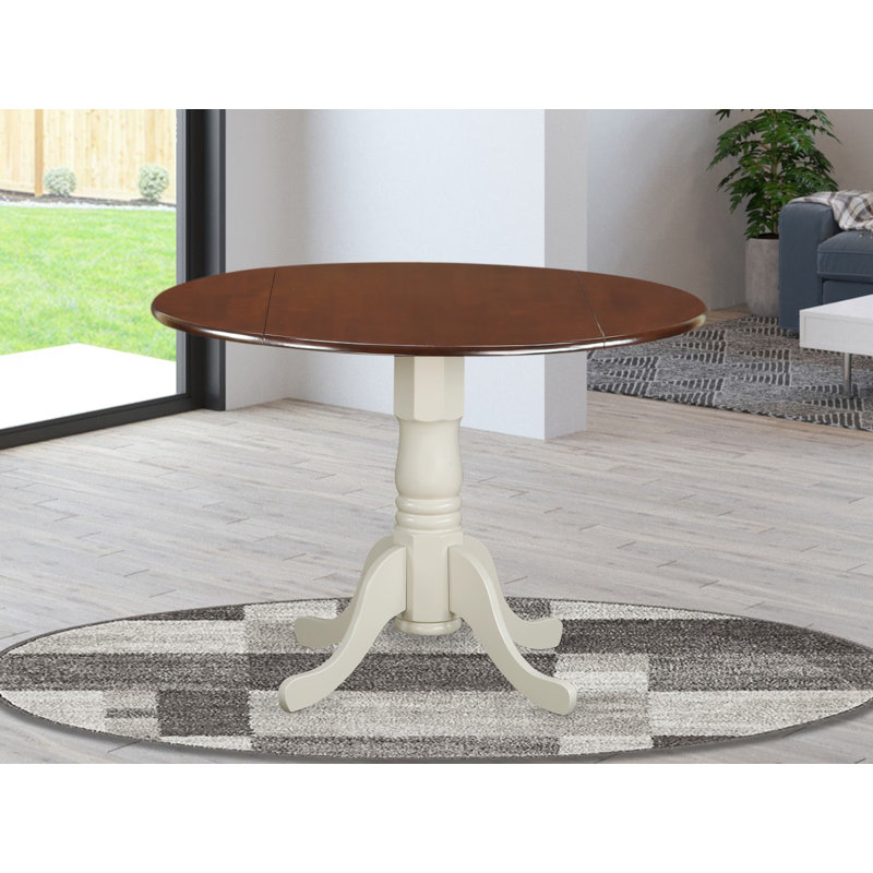 Philipston Modern Dining Table - a Round Kitchen Table Top with Dropleaf & Pedestal Base, 42x42 Inch, Mahogany & Linen White