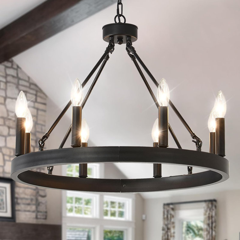 Lustre à roulettes Farmhouse avec design industriel à 8 lumières, chaînes de suspension réglables et cadre en fer rustique pour la salle à manger, le salon et le vestibule