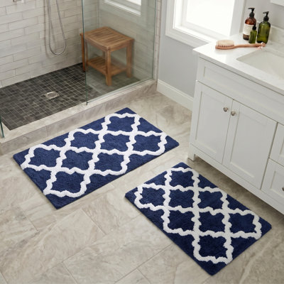 Lavish Home 2 Piece Bathroom Rug Set - 41x24.5 Inch and 34x21 Inch 100% Cotton Bath Mats with Textured Trellis Print for Elegant Bathroom Decor - Bath Rugs Non Slip Washable Bathmats
