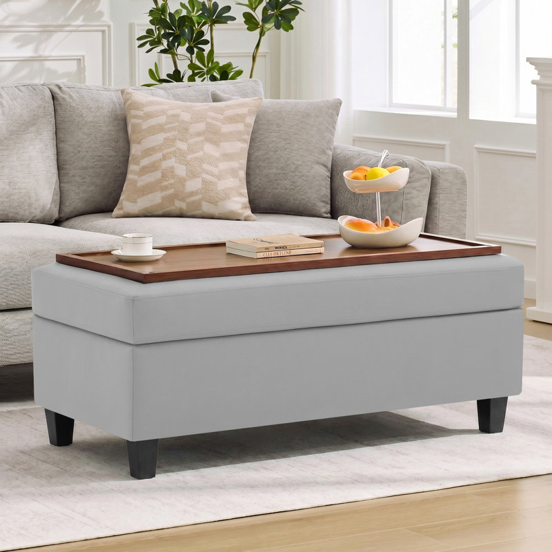 Banc multi-fonctionnel pour repose-pieds avec couvercle rabattable en bois et coussin, Similicuir en polyuréthane gris