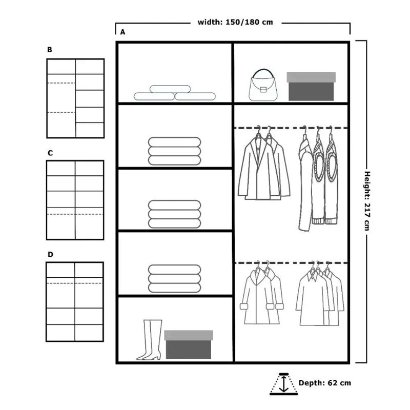 Cherith 2 Door Manufactured Wood Wardrobe, 217cm H x 150cm W x 62cm D, White
