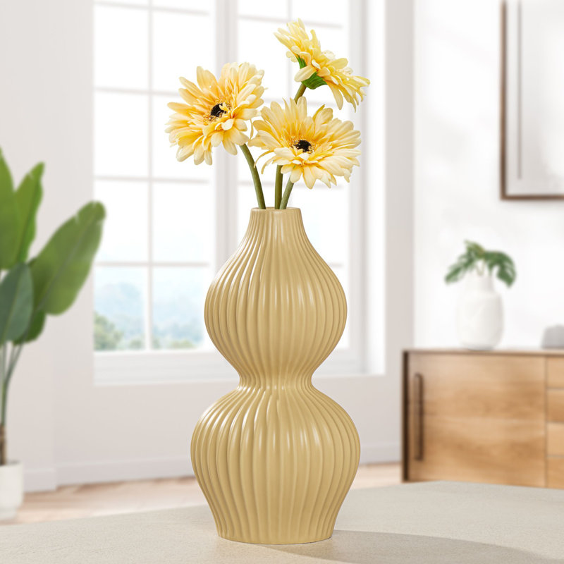 Liubomila Ribbed 10" Yellow Ceramic Table Vase, 10" H x 5.25" W x 5.25" D, Yellow
