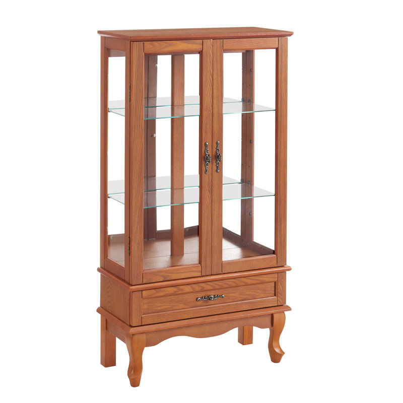 Lighted Glass Display Cabinet Glass Wine Cabinet Curio Display Cabinet With Adjustable Glass Shelves Two Doors And One Drawer Bulb Included For Home Decor And Storage-Oak