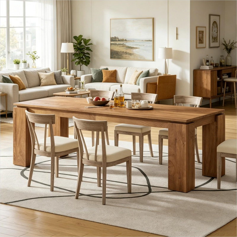 Table de salle à manger en bois gris imitation bois, idéale pour les repas en famille, pouvant accueillir de 6 à 8 personnes, avec un piètement robuste à quatre pieds.