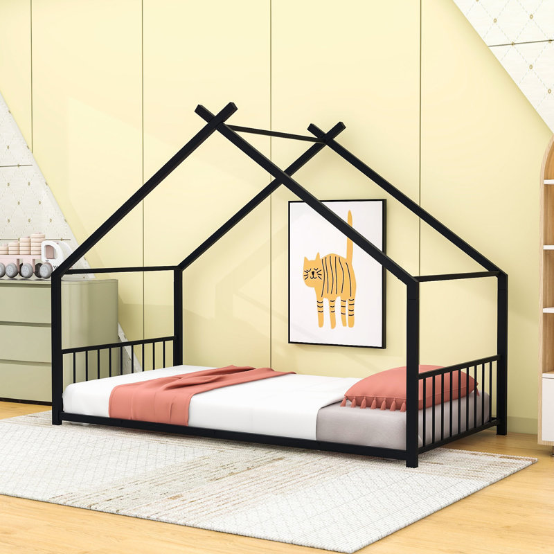 House Bed With Playhouse Design And Headboard, Twin, Black