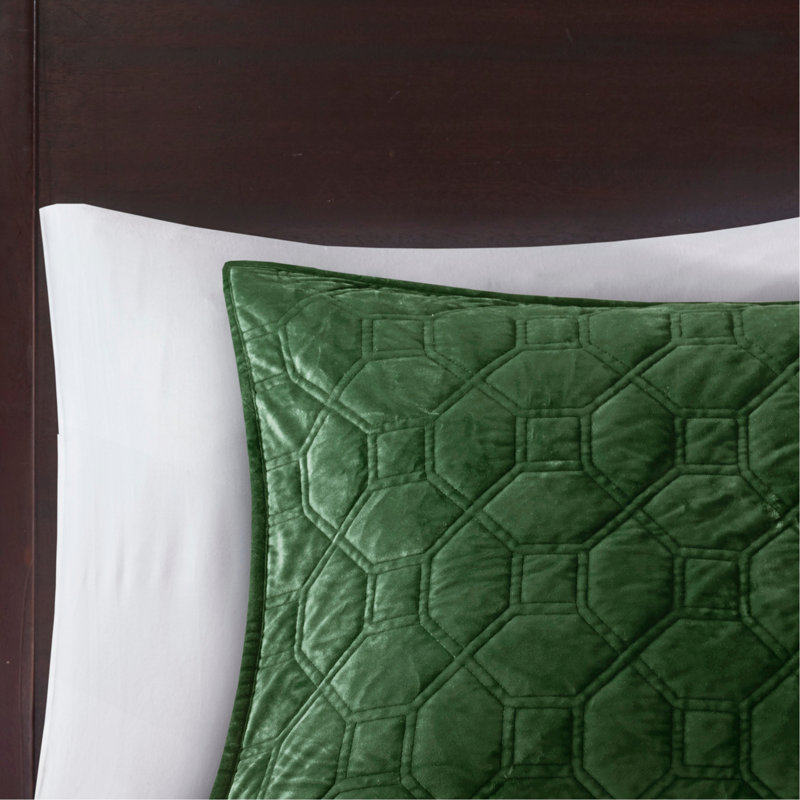 Ensemble de courtepointe 3 pièces en velours vert, Courtepointe très grand + 2 taies décoratives