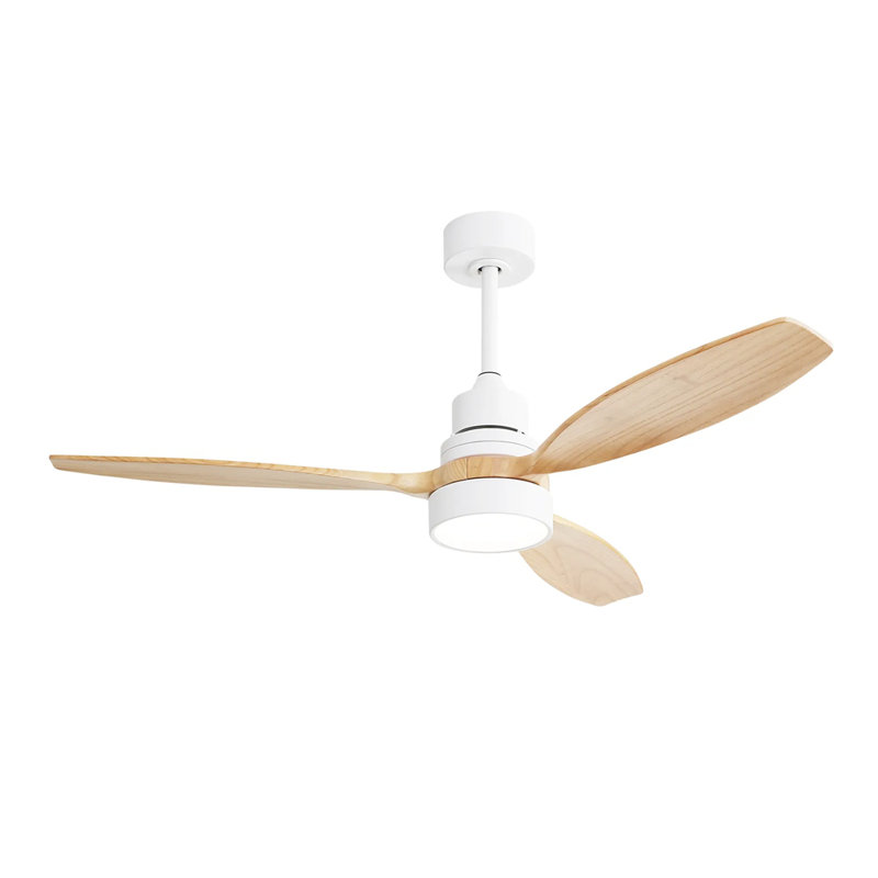 52 Inch Integrated LED Ceiling Fan with Light and Remote Control Solid Wood Blades for Living Room, Natural Wood, White