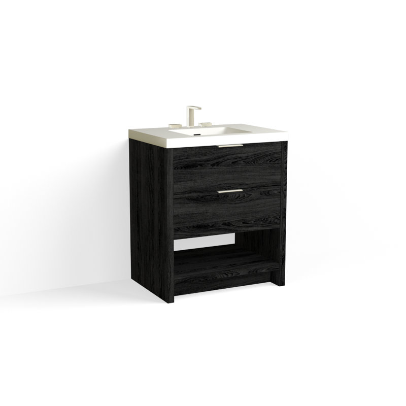 Vue 30" W Freestanding Single Bathroom Vanity, Ashlin, Glossy White/8" Widespread, Matte Black